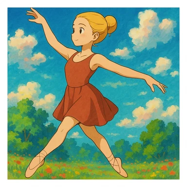 Add a vibrant, colorful background behind Dana Dawson in a dance pose, keep the original ghibli style sticker
