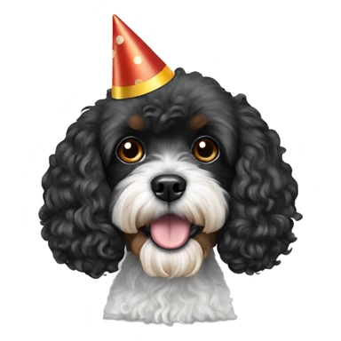 Fully black Cavapoo with a birthday cap sticker