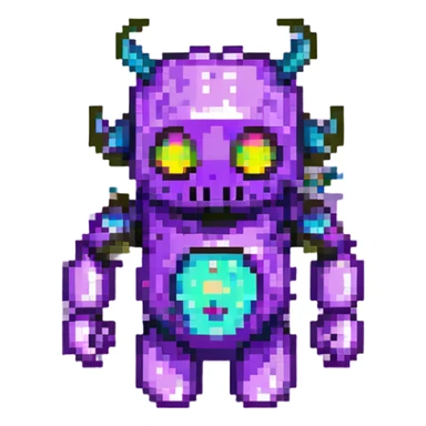 purple demon bot, floating, digital aura, pixelated effects sticker