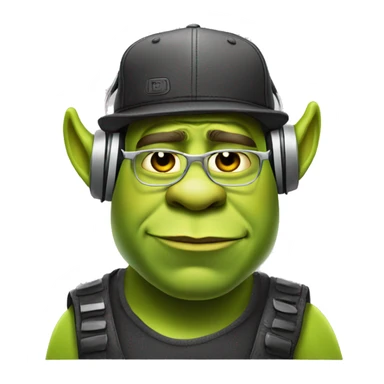 serious shrek being a dj, with a cap and silver glasses sticker