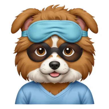 a dog with sleep mask and wearing shirt sticker