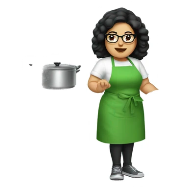 chubby lady with black hair green apron  with glasses cooking tacos sticker