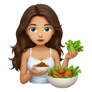 Girl with olive skin, blue eyes, brown dark insanely wavy long hair, white camisole eating a bowl of lettuce and chicken sticker