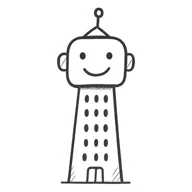a smiling robot with a skyscraper body sticker
