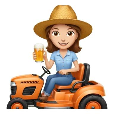 White woman with brown hair, without glasses wearing a straw hat, on old orange ride on lawn mower, holding a beer with one hand and holding the steering wheel with the other hand. Woman is smiling. Lawn mower brand is called “Westwood” sticker