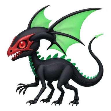 Obsidian-black and neon-glowing-green skeletal Meloetta-Salandit-Gorebyss-Salazzle-Pokémon-Fakémon-creature-fusion-hybrid with glowing crimson-red evil slit eyes sticker