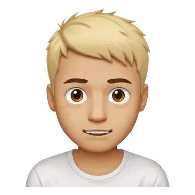 Male with short, messy blonde buzzstyle hair, large expressive golden-brown eyes, brown skin, subtle facial bruises and scratches, crooked smile showing slightly damaged teeth, wearing a plain white t-shirt. sticker