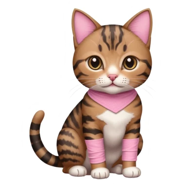 a young female brown and black tabby cat, with a pink bandage on her front paw, sticker