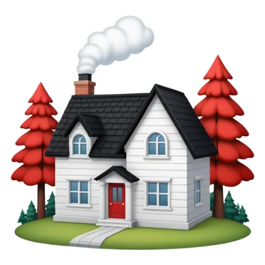 a one-story house with a forest background. The house is to have a white façade with red brick inserts.  the roof is to be black, gable. sticker