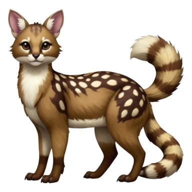 Colorful dark realistic chocolate-brown tropical beige fur glorious divine exotic cute cool beautiful shiny beautiful fantasy-Furret-Eevee-caracal-civet-genet-sergal-vernid-Cacomistle-oncilla-animal-Fakémon-hybrid-fursona with white deer-spots pattern markings (full body) sticker