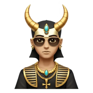 3D cartoon horned character portrait, wearing sunglasses, gothic ancient Egyptian style, pharaoh collar, dark gold and black outfit, ankh symbols, Egyptian jewelry, mysterious expression, soft dramatic lighting, centered, clean background, no text, no watermark sticker