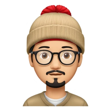 Asian man with black goatee, glasses, wearing a small red beanie sticker