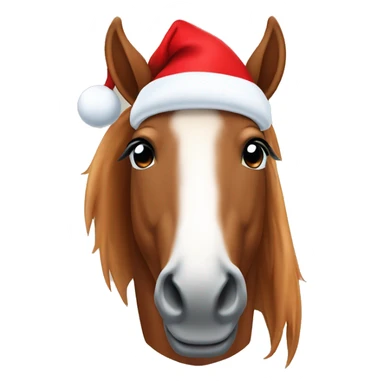Chestnut horse with white blaze wearing a santa hat sticker