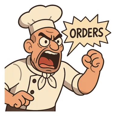 a chef shouting orders, intense eyes, drill sergeant style, 2D cartoon style sticker