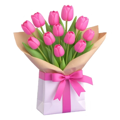 pink tulips bouquet in a crisp white paper bag, tied with a pastel pink ribbon, soft pastel palette, subtle shadows, minimal and clean, 3D iOS emoji style sticker
