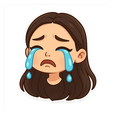 Create a chibi sticker of the girl from the reference image with long hair as shown. She is crying, in 3D bitmoji chibi style with a white outline and transparent background. sticker