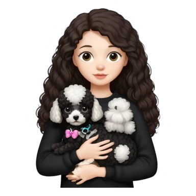 One Brunette girl with long hair in a black sweater holds a single black Poodle puppy in her arms sticker