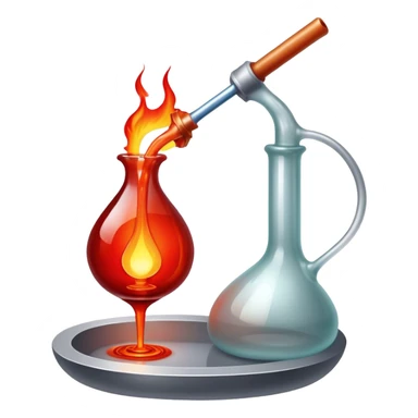 Glassblowing and casting icon, molten glass being shaped into a delicate object with a blowpipe, glowing red-hot glass being poured into a mold, unfinished glass sculpture, minimalistic style, clean lines, transparent background. sticker