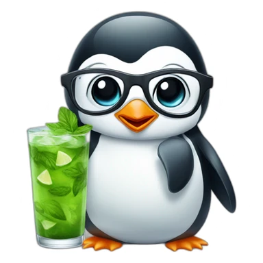 baby penguin with big glasses drinking mojito sticker