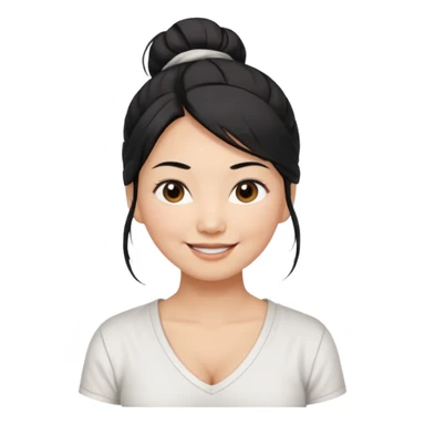asian mom with long black hair tied in up in a messy bun and big brown eyes emoji in a white v neck shirt sticker