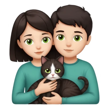 Crea un emoji donde salga un chico de pelo moreno con los ojos claros, una chica de pelo morena con los ojos marrones y UN gato europeo comun de pelaje oscuro y ojos verde claro, quiero que se esten abrazando el chico y la chica, y el gato este en el medio sticker