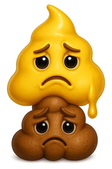 emoji stile iphone di una cacca giallina e liquida con espressione triste, sopra una montagnetta di feci a palline con espressione triste, iperrealistico 4k sticker