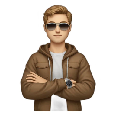 young white male with brown hair and brown eyes, wearing light brown Hoodie, having pilot sunglasses, while having crossed arms and having silver rolex on whrist sticker