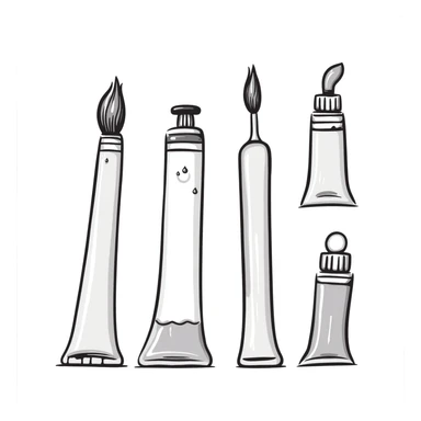 Set of artist's paint tubes with different sizes and caps. Some tubes are squeezed in the middle. Using specific pastel colors (dd9fb0, ffc6d3, a3bfc9, c4bee2, f1b091). Hand-drawn doodle style with intricate details. Transparent background. sticker