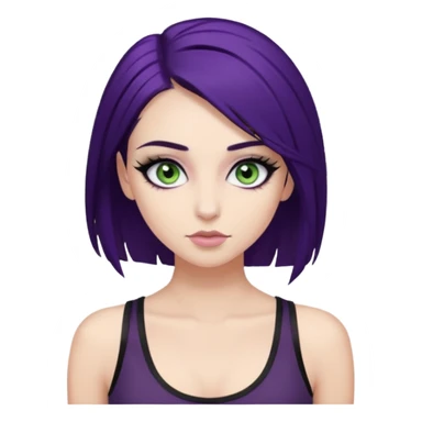 alternative girl with dark purple hair and big eyelashes, beautiful makeup and greenish grey eyes, straight eyebrows & wearing a low cut black tank top sticker