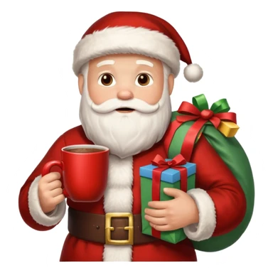 Санта клаус с мешком подарков за спиной и кружкой какао в руке sticker