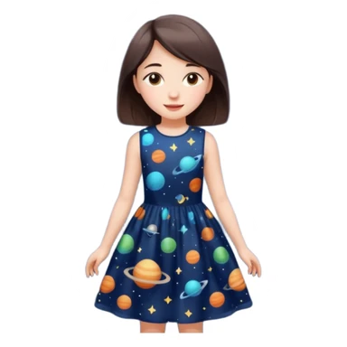 girl wearing a dress with a space print, simple, cheerful expression sticker