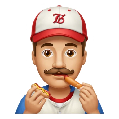 Man with mustache eating a little hot dog sticker