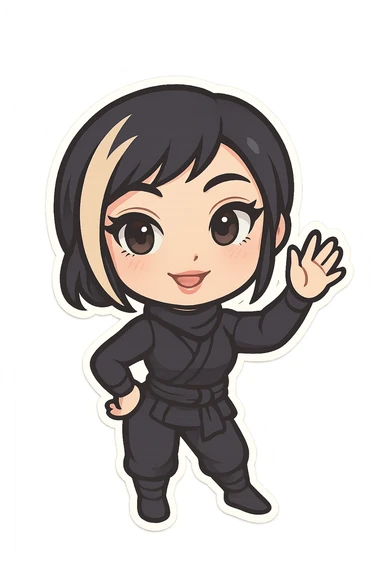 Chibi ninja girl with black short hair and a blonde streak, big head, small body and arms, not overly round or infant-like, cute and playful, anime-style face with large expressive eyes, small nose and mouth, subtle blush, hand fully raised, waving to the right, smiling, pastel colors, soft shading, clean outlines, no mask, transparent background, face looks sexy with slightly parted lips, confident gaze, longer lashes, subtle contouring, for animation frame 2 sticker