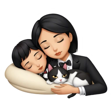 Black hair girl sleeping with tuxedo cat sticker