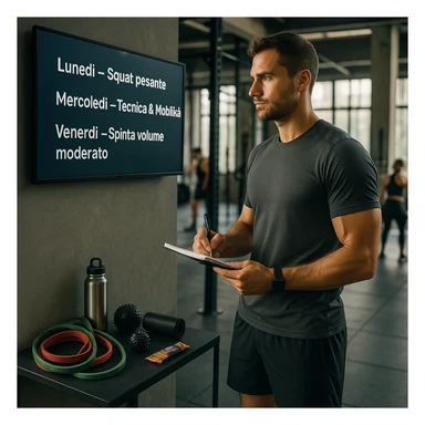 Sporty 30-year-old man in a modern gym, near a digital screen with a weekly plan in Italian: 'Lunedì – Squat pesante', 'Mercoledì – Tecnica & Mobilità', 'Venerdì – Spinta volume moderato'. He looks at the plan with concentration, wearing technical sportswear, holding a pen and notebook. Around him: resistance bands, mobility tools, water bottle, protein bar. Relaxed and strong posture. Other athletes in the background. Natural light, fitness-lifestyle style, slightly cinematic. sticker