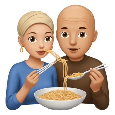A bald man feeding a brunette woman noodles sticker