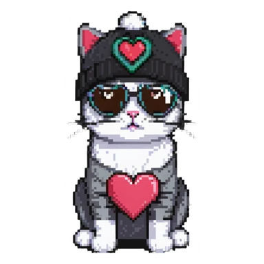 cat wearing a beanie and heart-shaped sunglasses sticker