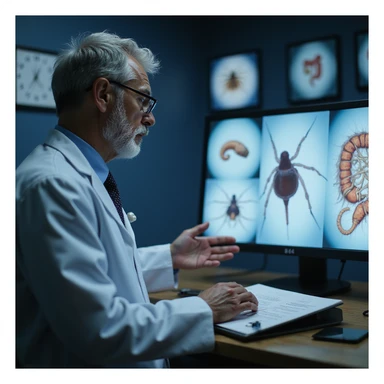 realistic doctor comparing images of different intestinal parasites found in feces, screen with enlarged images sticker