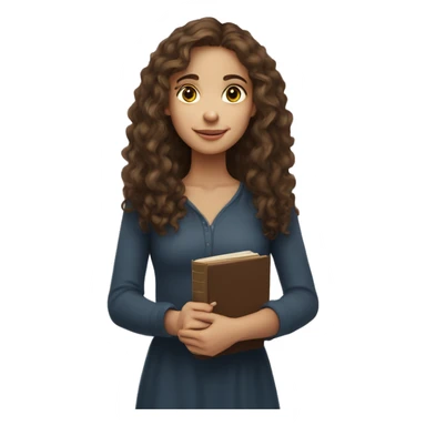 A young woman with long curly brown hair, she has light, white skin, she has brown eyes, her eyes are lowered into the book she holds in her hands sticker