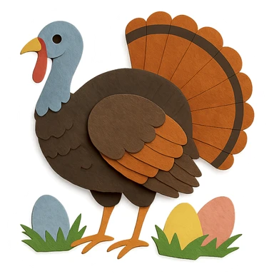 wild turkey in paper craft style, delicate paper layers, naturalistic pose, vibrant tail, Easter eggs and grass sticker