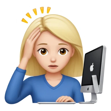 A girl is in front of a computer and is holding her head. sticker