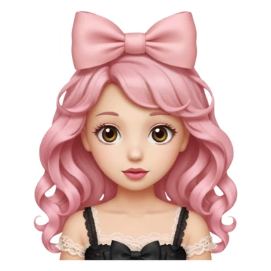 “Emoji girl, doe eyes, long fluttery lashes, soft pink blush, glossy rose lips, ribbon hair bow, romantic curls, wearing lace top.” sticker