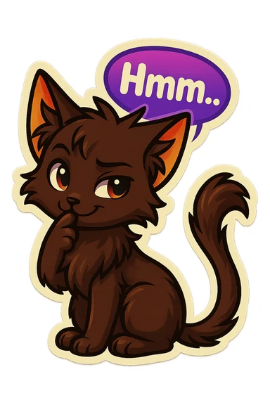 a dark-brown fluffy cute kawaii anime cat with tufted ears and a long thin tufted tail, thinking, smirking thoughtfully, saying “Hmm..” with a purple speech bubble, (cartoon style) (furry style) (deviantArt style) (artist style: Kamirah) sticker