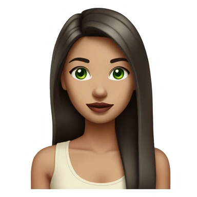 beautiful girl with long dark brown straight hair and green eyes and big pink lips. Wearing a cream tank top sticker