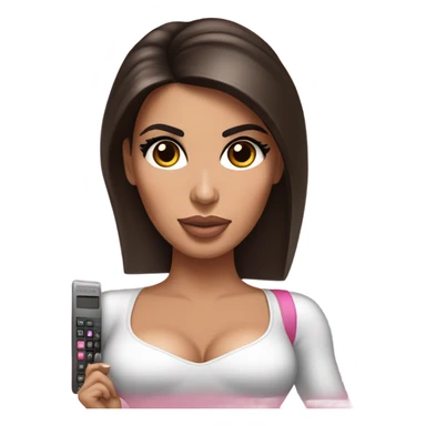 Hyper realistic kim kardashian with straight brown hair holding a small pink calculator in her hand sticker