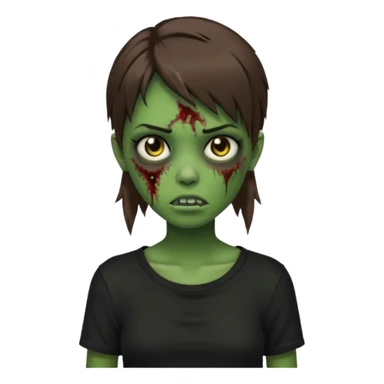 Zombie girl emoji verde com cabelo curto liso castanho no ombro com uma blusa preta sticker