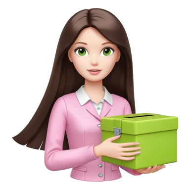 A white Barbie girl with long dark brown straight hair in pale pink clothes holds bright green box sticker