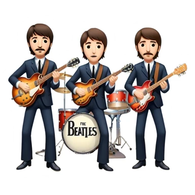 Rock music icon: The Beatles performing live on stage. John Lennon with guitar, Paul McCartney with bass, George Harrison with guitar, Ringo Starr on drums. Bright lights, energetic performance. Transparent background. sticker