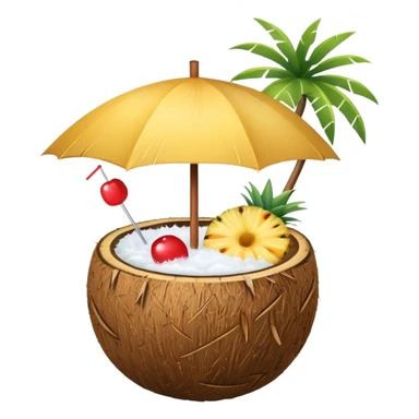 A tropical cocktail served in a coconut shell with a mini umbrella and pineapple.
 sticker