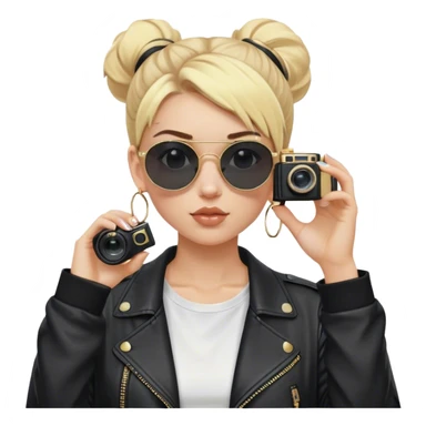 Blonde white girl with film camera wearing blackout sunglasses where you can’t see her eyes with a high bun. She’s wearing a white t shirt and a black baggy leather jacket. Give her only one camera that she has up to her eye taking a picture. Also give her small gold hoop earrings sticker